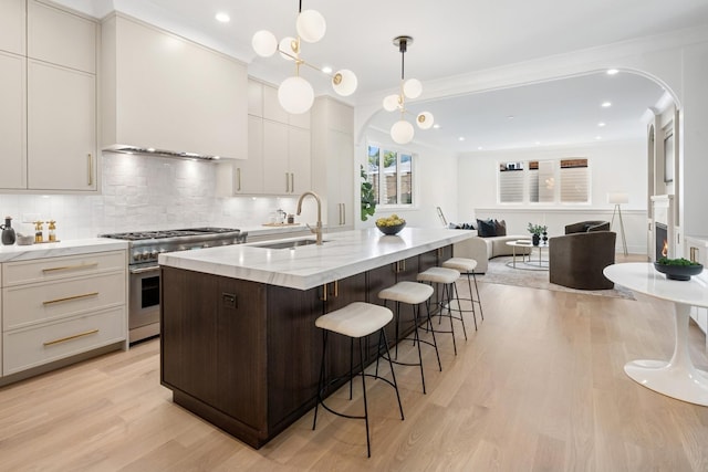 3452 N Bell Ave, Chicago, IL 60618 - kitchen with high end stainless steel range, arched walkways, light wood-type flooring, backsplash, and recessed lighting