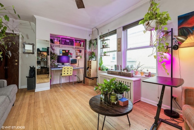 living area with ceiling fan, light wood-type flooring, and ornamental molding