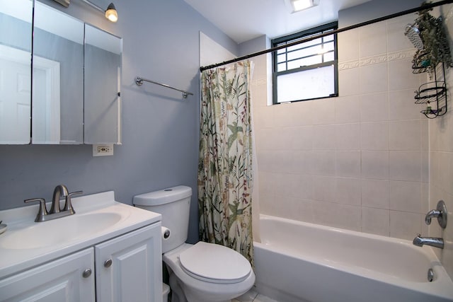 full bathroom with toilet, vanity, and shower / bathtub combination with curtain