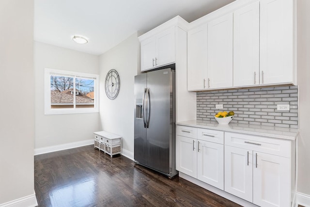 7740 S Vernon Ave, Chicago, IL 60619 - kitchen with white cabinets, baseboards, decorative backsplash, stainless steel refrigerator with ice dispenser, and dark wood-type flooring