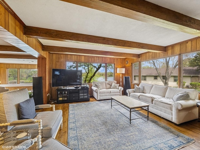 living room with wood walls, a wealth of natural light, and beam ceiling