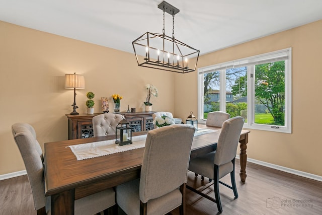 dining area featuring baseboards, wood finished floors, and a chandelier