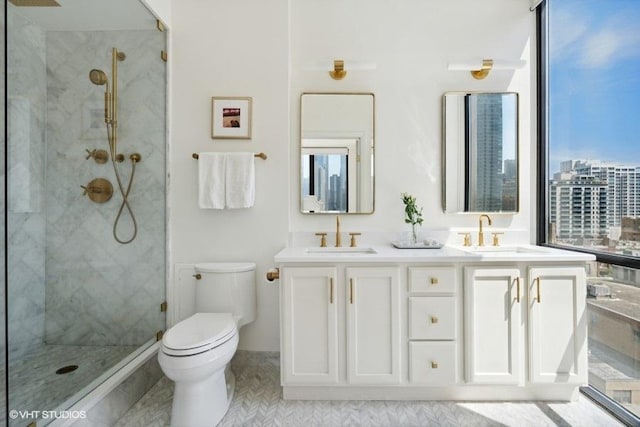bathroom with a sink, a stall shower, and toilet