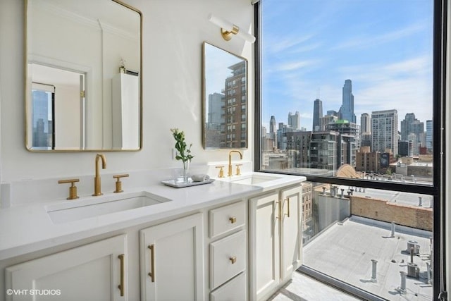 full bath featuring a view of city, double vanity, crown molding, and a sink