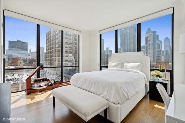 bedroom featuring a view of city, floor to ceiling windows, and wood finished floors