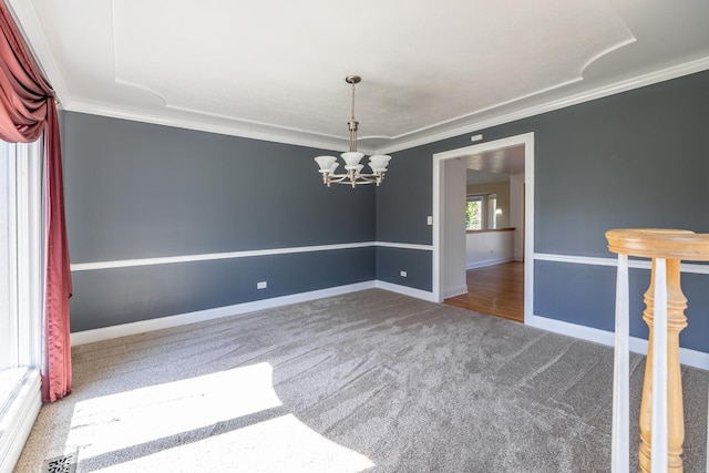 4N481 Citation Ln, Elburn, IL 60119 - carpeted spare room featuring an inviting chandelier, visible vents, ornamental molding, and baseboards