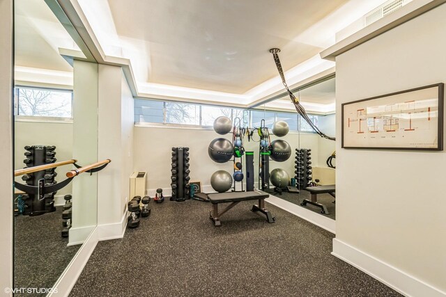 exercise area featuring baseboards and a raised ceiling