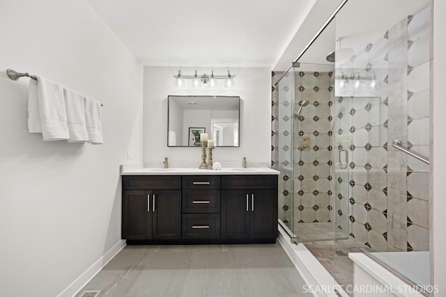 3307 Rosecroft Ln, Naperville, IL 60564 - full bathroom with a shower stall, double vanity, and baseboards