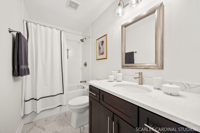 3307 Rosecroft Ln, Naperville, IL 60564 - bathroom featuring marble look tile flooring, toilet, vanity, and shower / bathtub combination with curtain