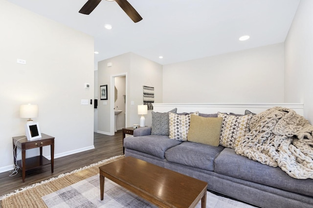 291 Lakeshore Dr, Oswego, IL 60543 - living room featuring ceiling fan, wood finished floors, baseboards, and recessed lighting