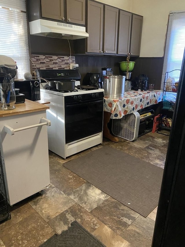 kitchen with under cabinet range hood, backsplash, range with gas stovetop, and stone tile flooring