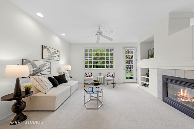2505 Camberley Cir Unit 3-813, Westchester, IL 60154 - carpeted living room with ceiling fan, a fireplace, baseboards, recessed lighting, and built in shelves