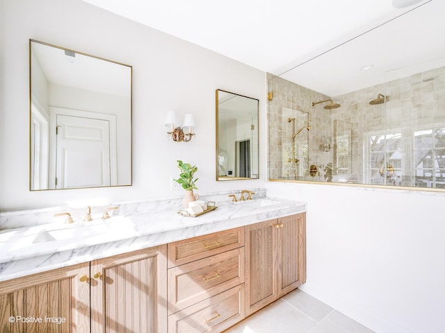 180 De Windt Rd, Winnetka, IL 60093 - full bathroom with tile patterned flooring, a sink, a tile shower, and double vanity