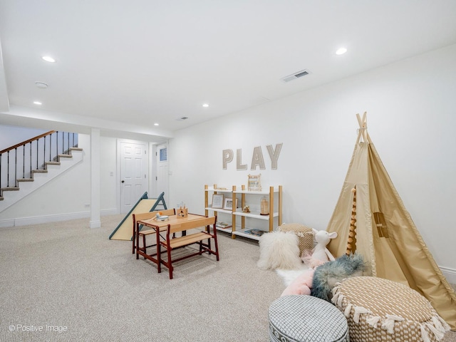 180 De Windt Rd, Winnetka, IL 60093 - living area with visible vents, recessed lighting, stairs, and carpet floors