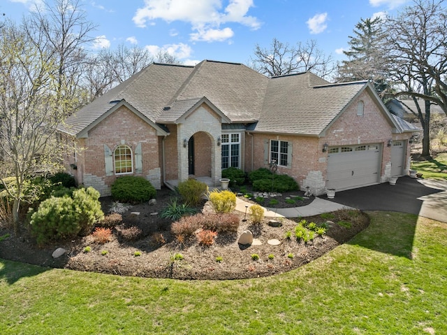 view of front of property featuring a garage, brick siding, a front lawn, and driveway