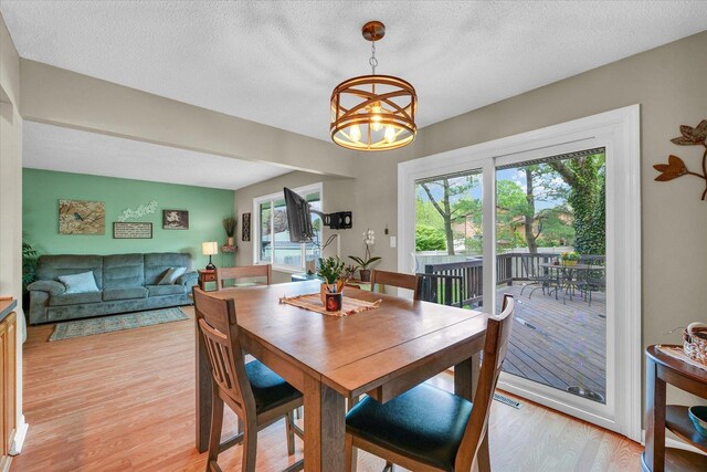 dining space with a textured ceiling, a notable chandelier, a healthy amount of sunlight, and light wood finished floors