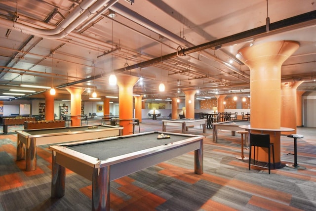 playroom with a community bar, carpet floors, pool table, and ornate columns