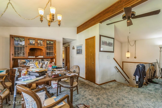 carpeted dining room featuring baseboards, vaulted ceiling with beams, and ceiling fan with notable chandelier
