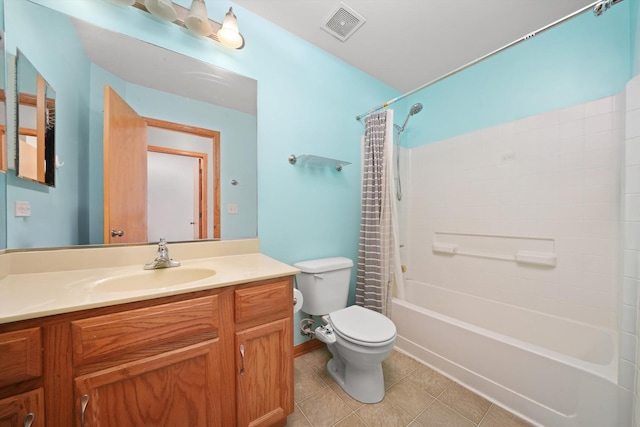 bathroom with visible vents, shower / tub combo, vanity, tile patterned floors, and toilet