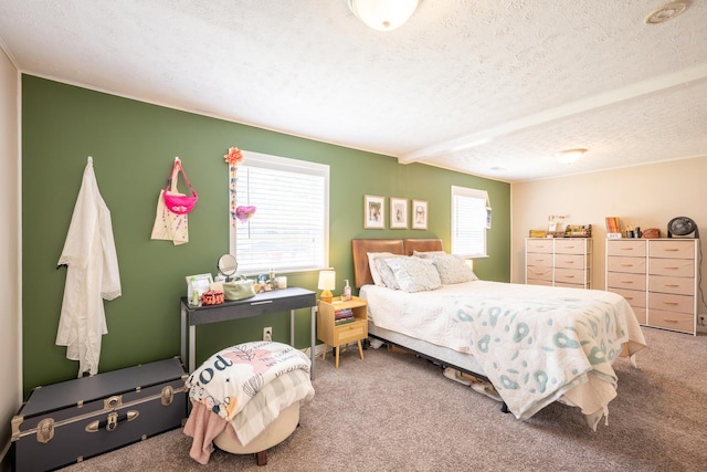 carpeted bedroom with a textured ceiling