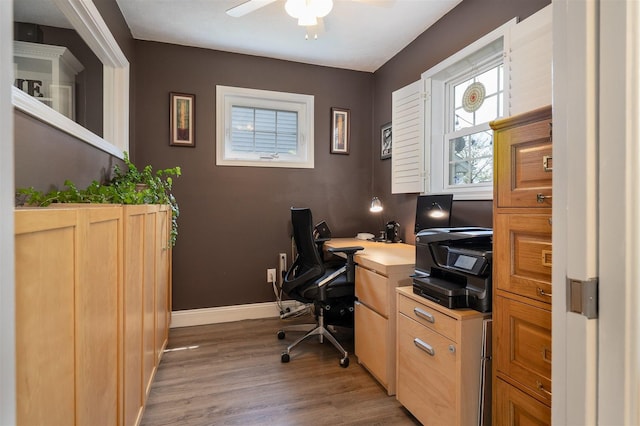 office with baseboards, ceiling fan, and light wood-type flooring