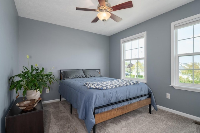 bedroom with baseboards, carpet flooring, and multiple windows
