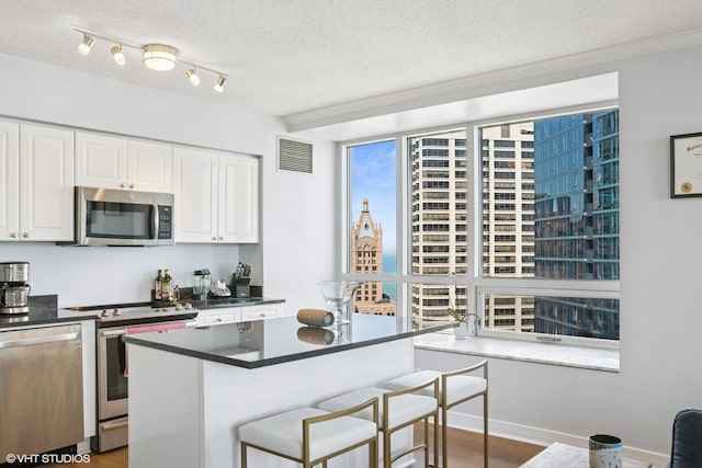 512 N Mcclurg Ct Unit 3304, Chicago, IL 60611 - kitchen featuring dark countertops, a textured ceiling, stainless steel appliances, white cabinetry, and visible vents