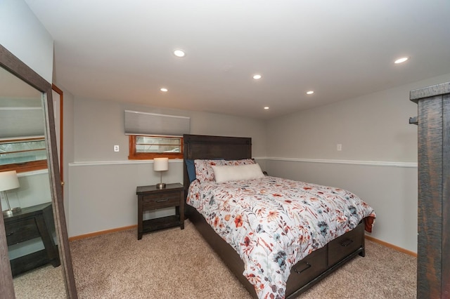 bedroom with light carpet, baseboards, and recessed lighting