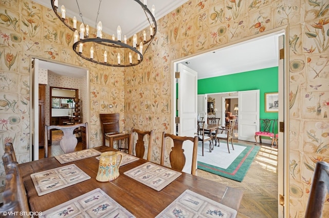 1250 Westmoor Rd, Winnetka, IL 60093 - dining room with a chandelier, wallpapered walls, and ornamental molding