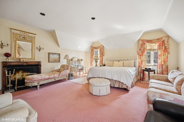 1250 Westmoor Rd, Winnetka, IL 60093 - carpeted bedroom featuring multiple windows, lofted ceiling, and a lit fireplace