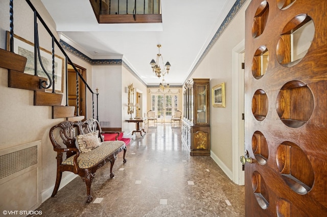 1250 Westmoor Rd, Winnetka, IL 60093 - entrance foyer featuring baseboards, a chandelier, crown molding, marble finish floors, and stairway
