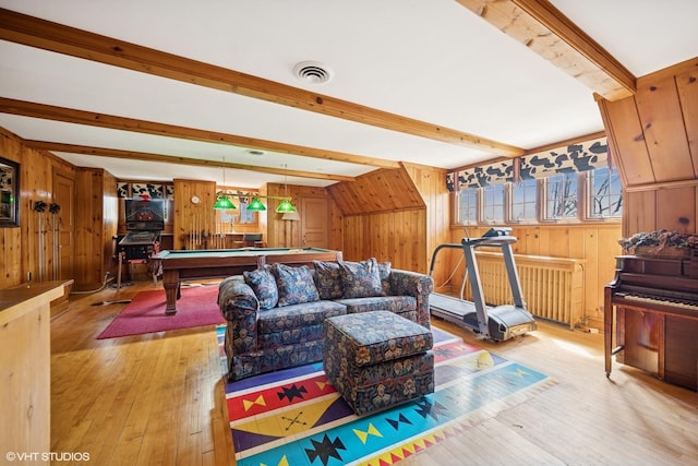1250 Westmoor Rd, Winnetka, IL 60093 - living room featuring beamed ceiling, wooden walls, hardwood / wood-style flooring, and billiards