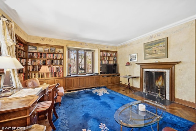 1250 Westmoor Rd, Winnetka, IL 60093 - living area featuring ornamental molding, baseboards, built in shelves, a fireplace with flush hearth, and a desk