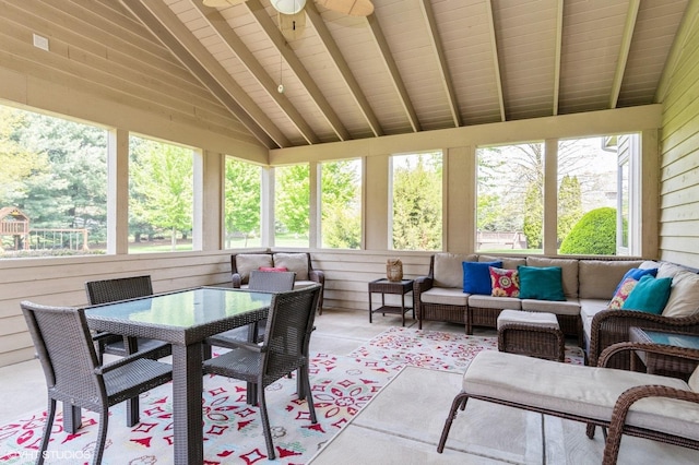 13 W Royal Oaks Dr, Bristol, IL 60512 - sunroom with an outdoor hangout area, a ceiling fan, and outdoor dining space