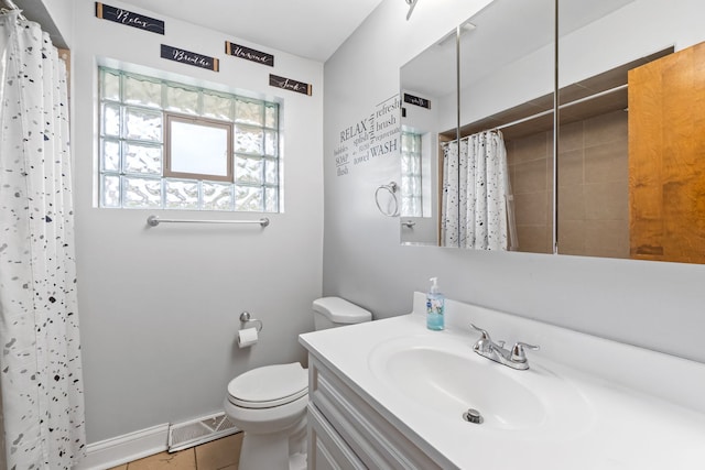 17148 William St, Lansing, IL 60438 - bathroom featuring a shower with curtain, visible vents, toilet, vanity, and tile patterned flooring