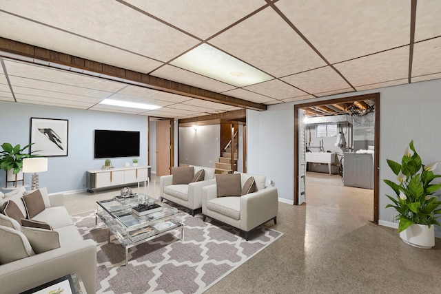 17148 William St, Lansing, IL 60438 - living area with baseboards, stairs, and a paneled ceiling
