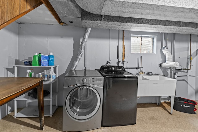 17148 William St, Lansing, IL 60438 - clothes washing area featuring tile patterned floors, a sink, laundry area, and independent washer and dryer