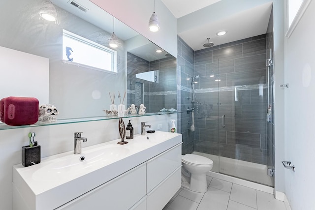 2143 W 19th St Unit 3, Chicago, IL 60608 - bathroom with visible vents, double vanity, toilet, a shower stall, and a sink