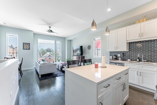 2143 W 19th St Unit 3, Chicago, IL 60608 - kitchen with a sink, decorative backsplash, dark wood-style floors, and open floor plan