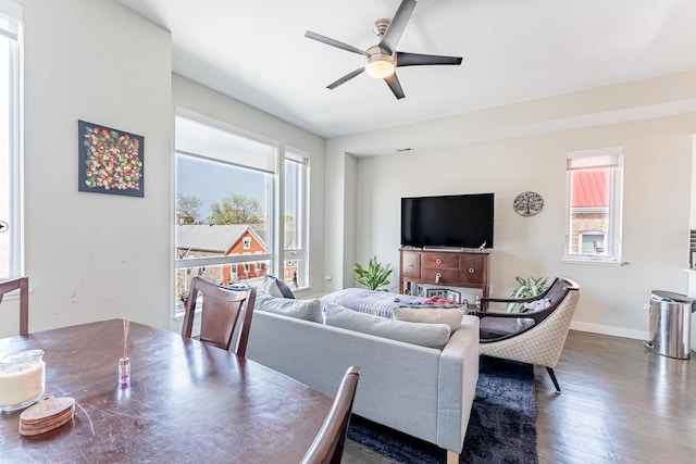 2143 W 19th St Unit 3, Chicago, IL 60608 - living area featuring a healthy amount of sunlight, baseboards, ceiling fan, and wood finished floors