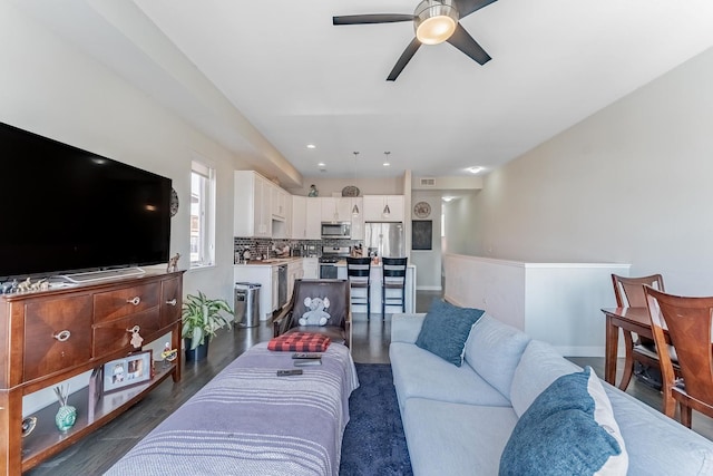 2143 W 19th St Unit 3, Chicago, IL 60608 - living area with visible vents, baseboards, dark wood-type flooring, recessed lighting, and a ceiling fan