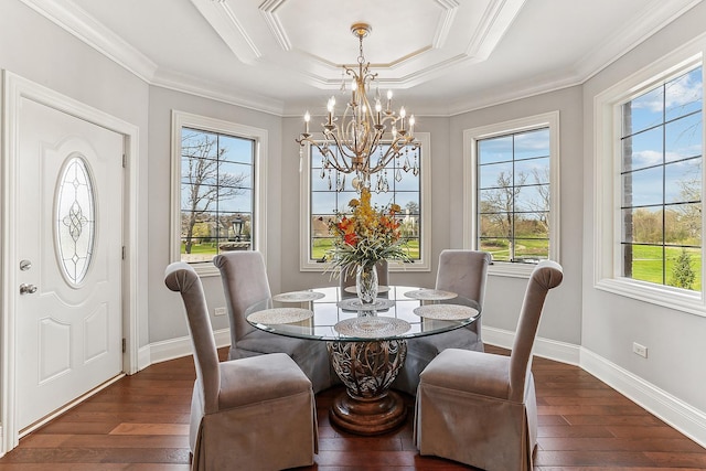 dining area with a chandelier, dark wood-style floors, ornamental molding, baseboards, and a raised ceiling