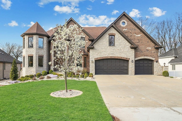french provincial home featuring stone siding, an attached garage, a front yard, concrete driveway, and brick siding