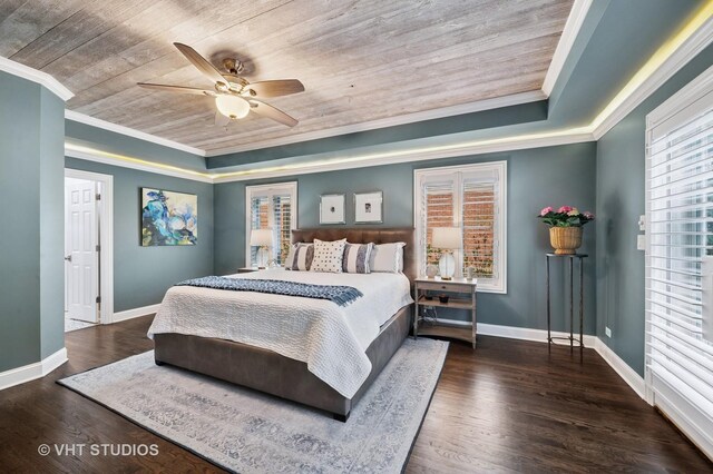 3118 Oliver Ln, Northbrook, IL 60062 - bedroom with crown molding, a raised ceiling, baseboards, wood ceiling, and wood finished floors