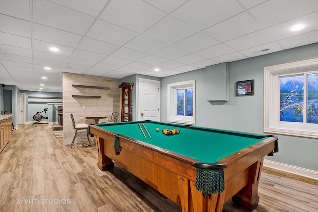 3118 Oliver Ln, Northbrook, IL 60062 - rec room featuring light wood-style floors, pool table, baseboards, a drop ceiling, and recessed lighting