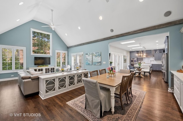 3118 Oliver Ln, Northbrook, IL 60062 - dining space featuring a ceiling fan, plenty of natural light, dark wood-style floors, high vaulted ceiling, and recessed lighting