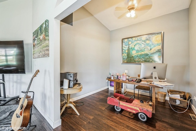 office with hardwood / wood-style floors, baseboards, ceiling fan, and vaulted ceiling