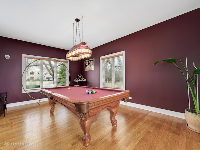 recreation room with light wood-style flooring, baseboards, pool table, and a healthy amount of sunlight
