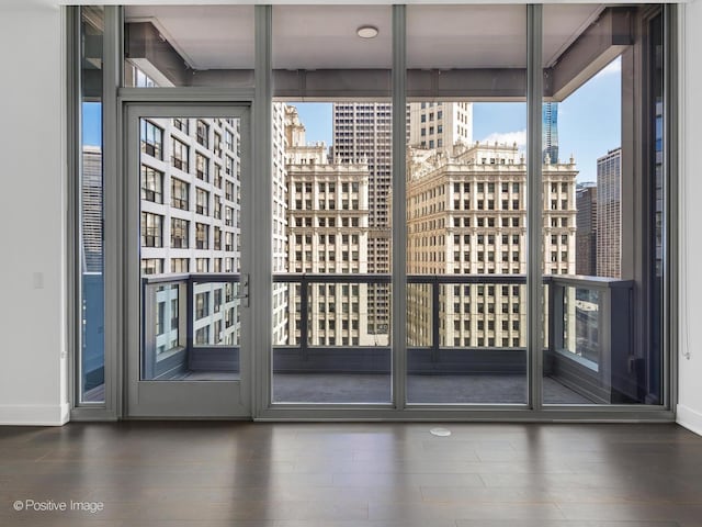 403 N Wabash Ave Unit 13B, Chicago, IL 60611 - doorway to outside with a city view, wood finished floors, and expansive windows