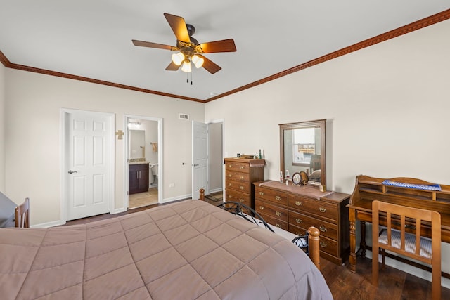 bedroom featuring ensuite bathroom, dark wood-style flooring, visible vents, baseboards, and ornamental molding